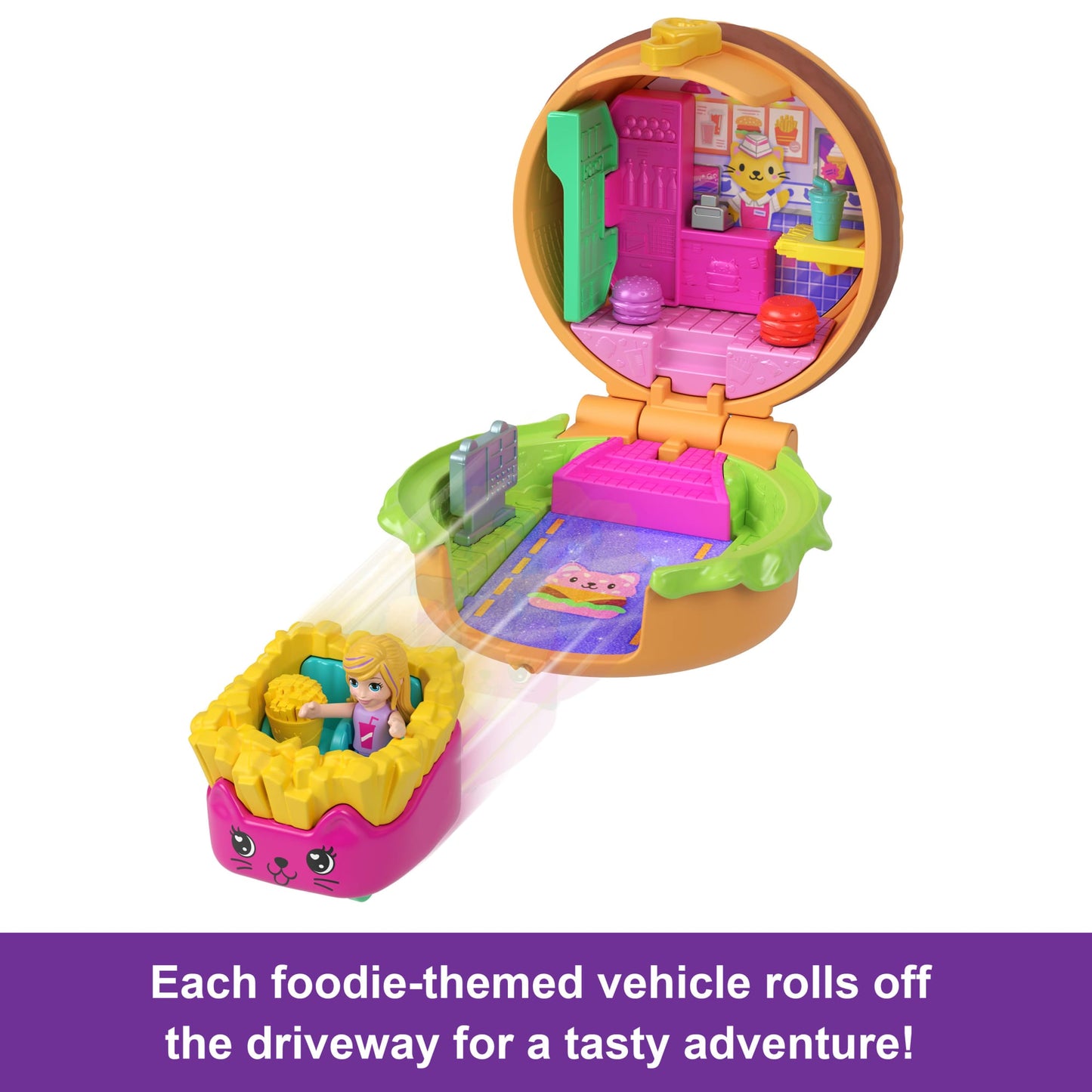 Polly Pocket Tiny Take Out Reveal Assortment, Micro Dolls & Compacts With Toy Cars, Food Theme Vehicle Collection