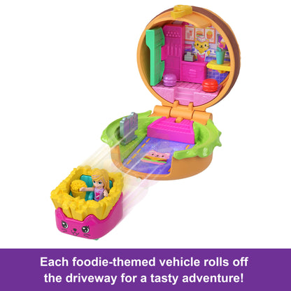 Polly Pocket Tiny Take Out Reveal Assortment, Micro Dolls & Compacts With Toy Cars, Food Theme Vehicle Collection