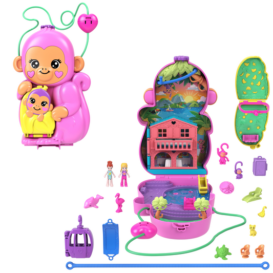 Polly Pocket Conjunto de Brinquedo Compacto Mundo Surpresa Mamãe Macaca e seu Bebê