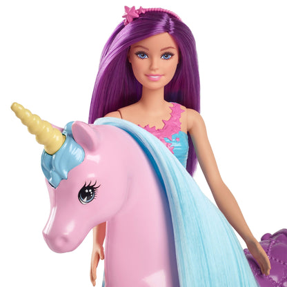 Barbie Fantasy Doll & Unicorn Toy Set - includes Saddle, Brush, & Accessories