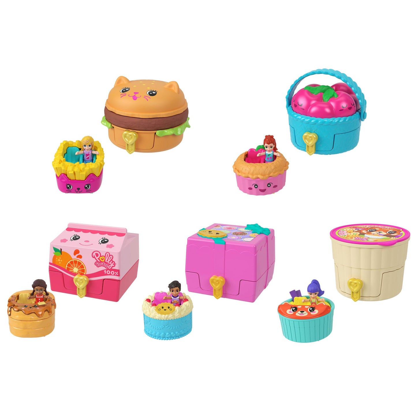 Polly Pocket Tiny Take Out Reveal Assortment, Micro Dolls & Compacts With Toy Cars, Food Theme Vehicle Collection