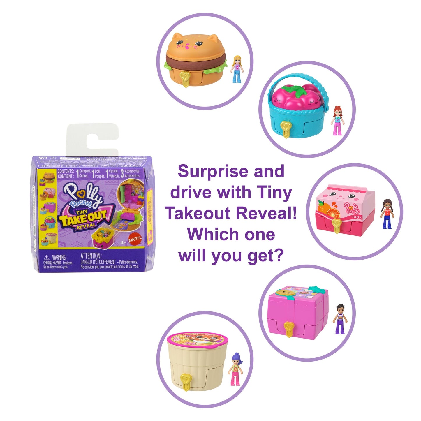 Polly Pocket Tiny Take Out Reveal Assortment, Micro Dolls & Compacts With Toy Cars, Food Theme Vehicle Collection