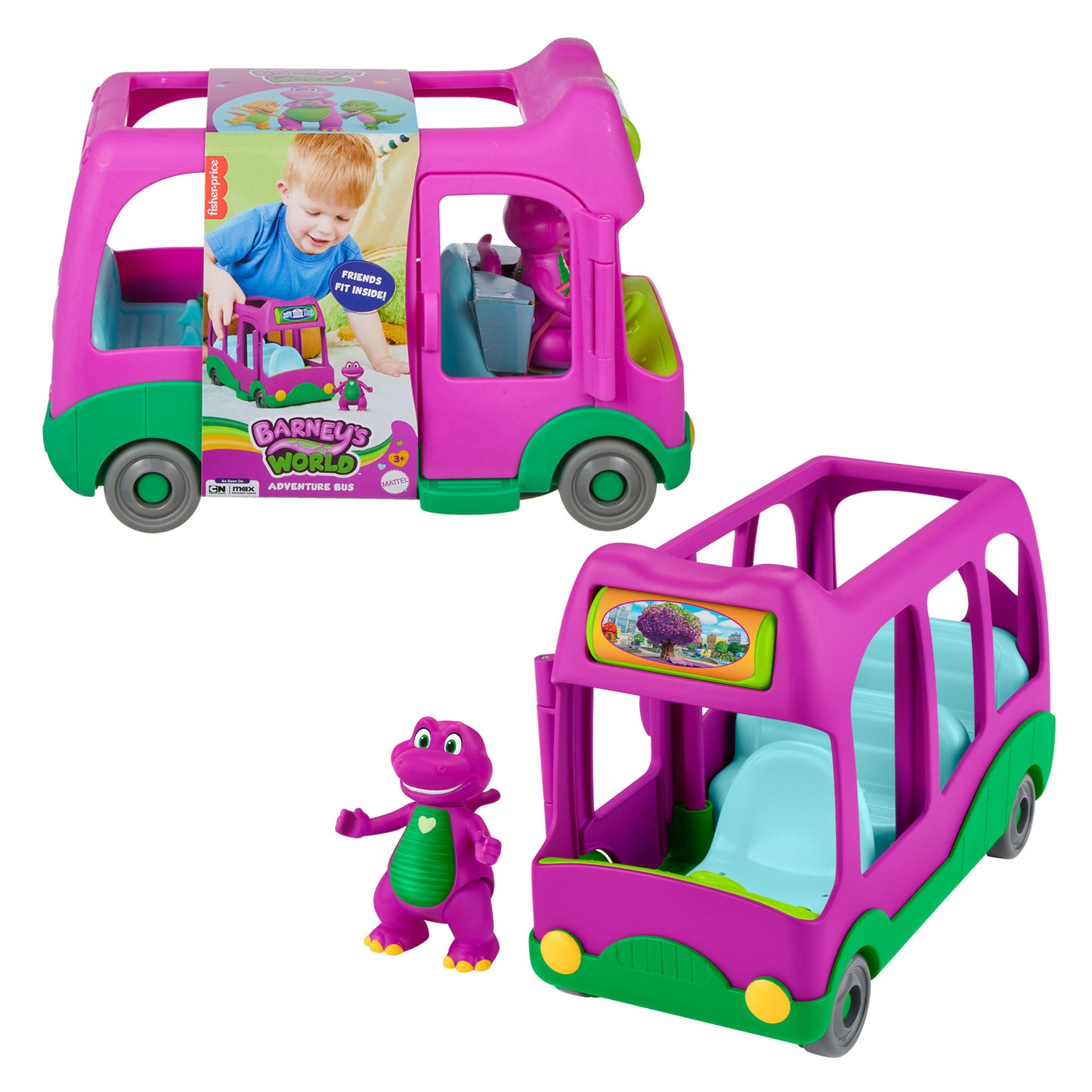Véhicule Jouet à Pousser L’Autobus des Aventures et Figurine de Barney Le Monde de Barney de Fisher-Price,
