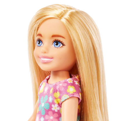 Barbie Chelsea Doll, Small Doll Wearing Purple Flowered Dress With Blond Hair & Blue Eyes