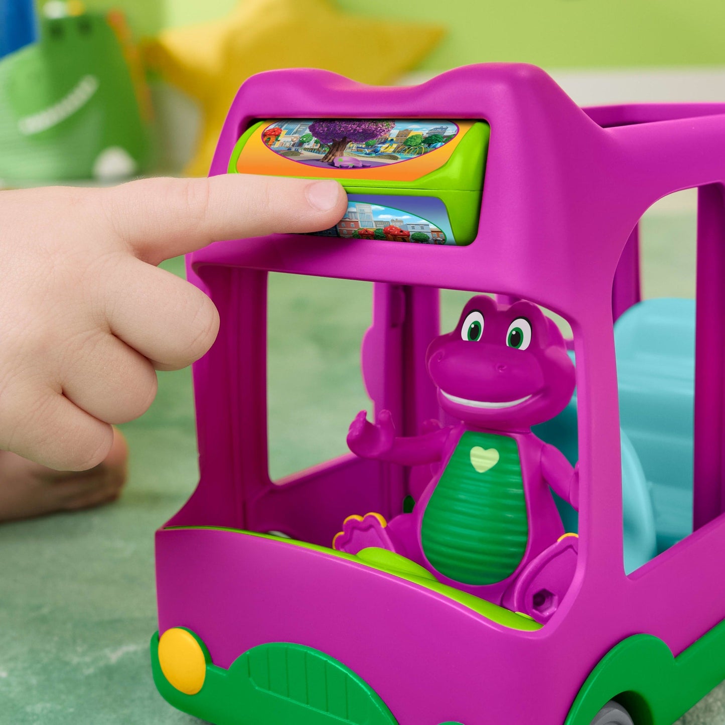 Véhicule Jouet à Pousser L’Autobus des Aventures et Figurine de Barney Le Monde de Barney de Fisher-Price,