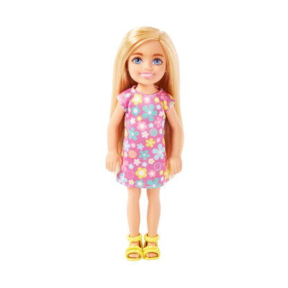 Barbie Chelsea Doll, Small Doll Wearing Purple Flowered Dress With Blond Hair & Blue Eyes